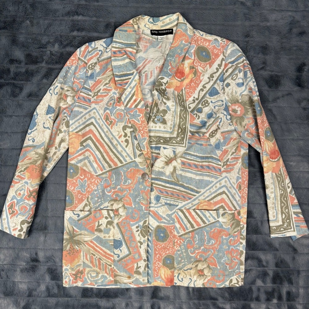 Sag Harbor Vintage Geometric Floral Linen Blend Blazer Jacket Blue Size 8